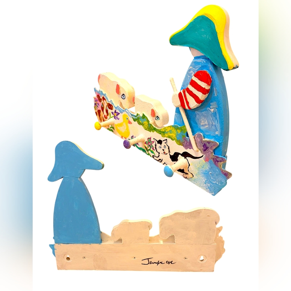 Handcrafted Folk Art Peg Rack Farm Animal Wall Hanger Shepherd Sheep Cow